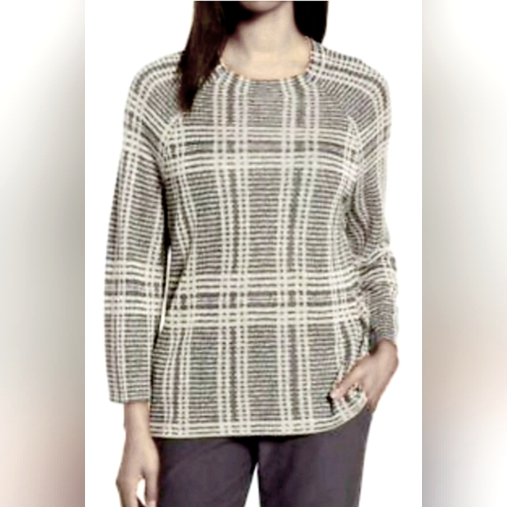 Eileen Fisher Women's Sweater Tencel/Merino Wool Gray/Black Geo Plaid Medium